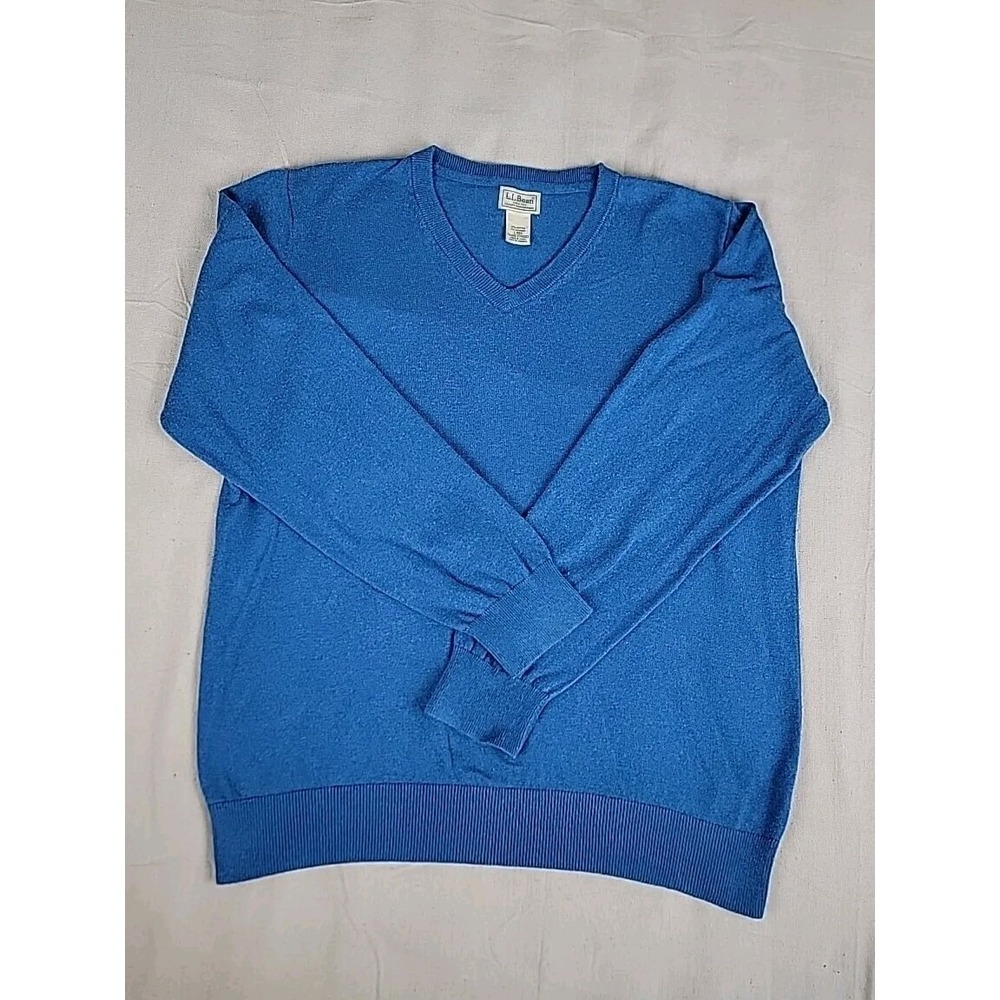LL Bean V-Neck Sweater Mens Large Blue Cotton Cashmere Blend Pullover Grandpa